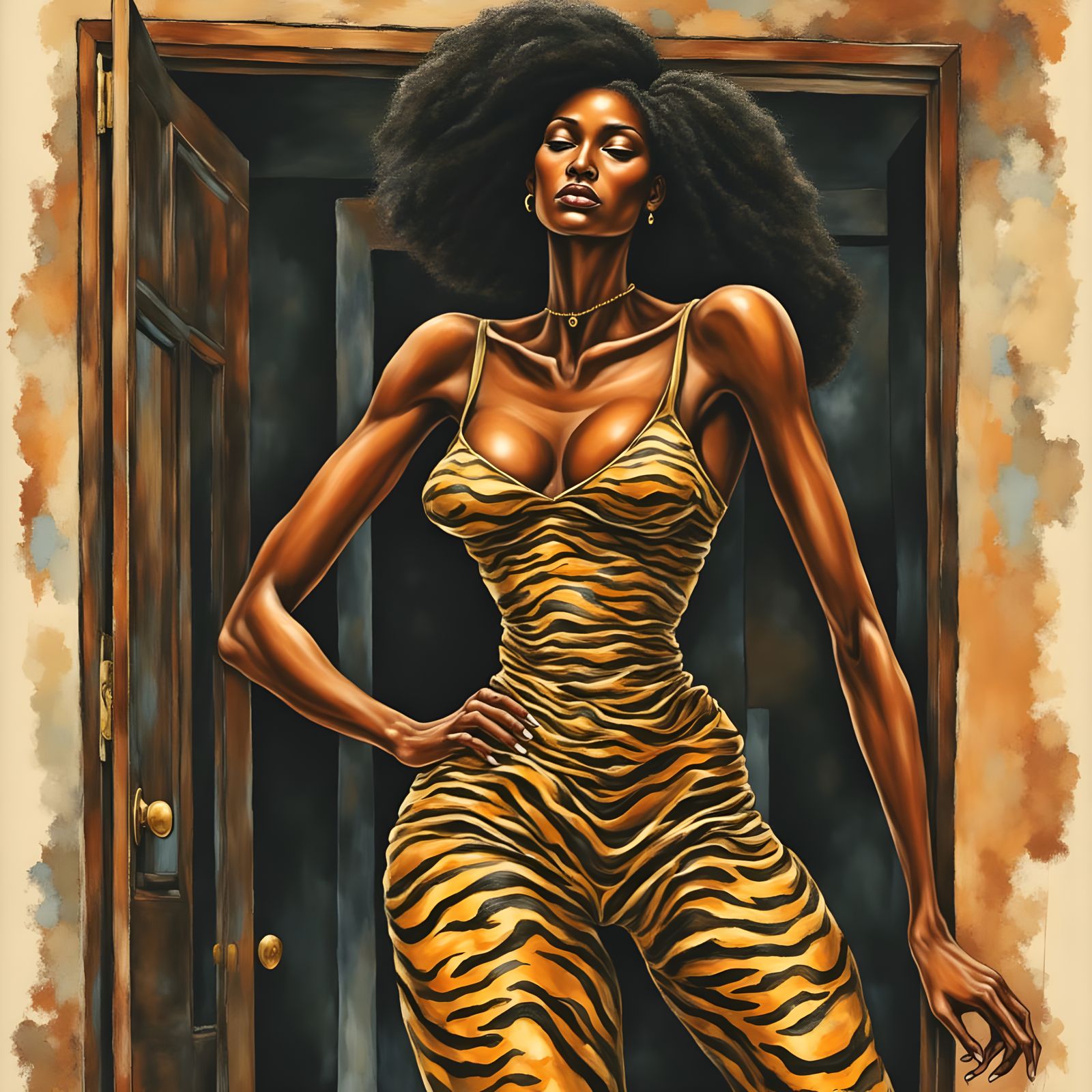 Abstract 1960s Illustration of Woman in Tiger Print Dress