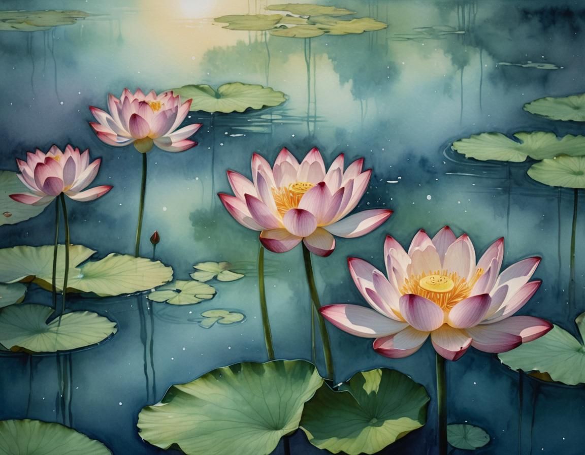 Glowing Lotus Flower in Mystical Watercolor Landscape