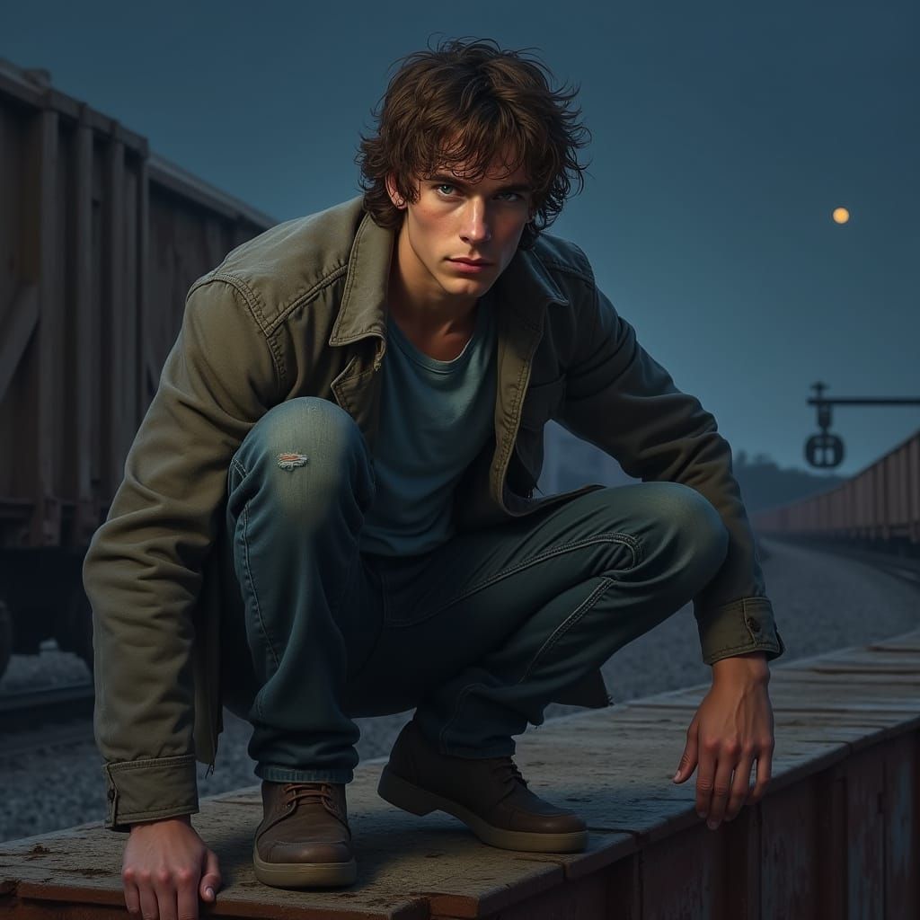 Hyper-Realistic Portrait of a Young Adventurer on a Freight ...
