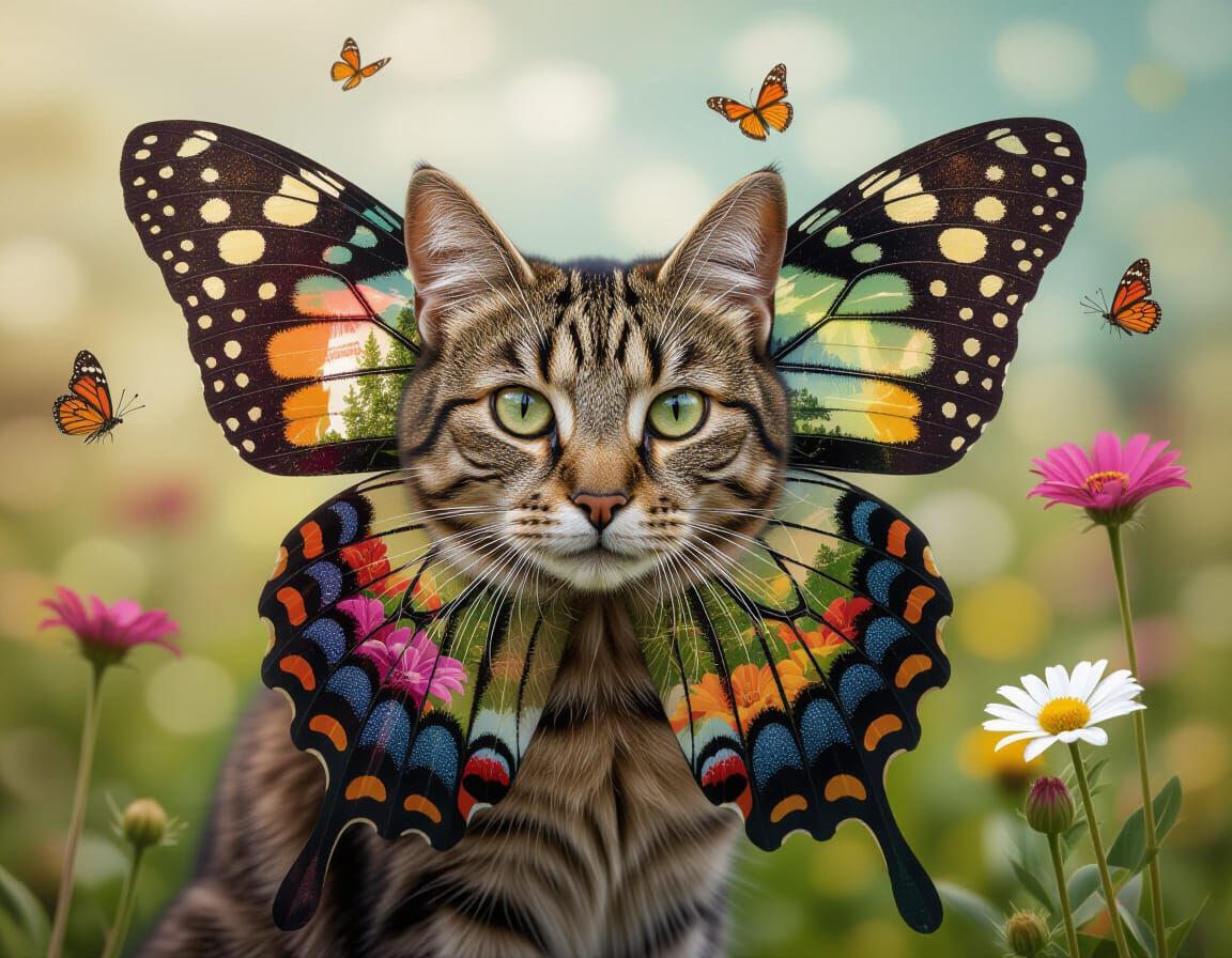 Cat with Butterfly Wings and Fairytale Landscape