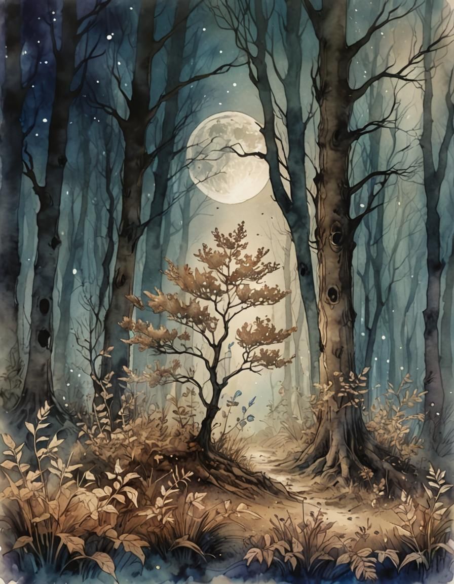 Mystical Moonlit Forest in Watercolor and Ink