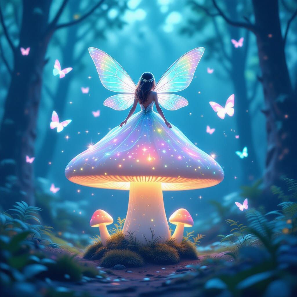 Fairy on Bioluminescent Mushroom in Cassette Futurism Style