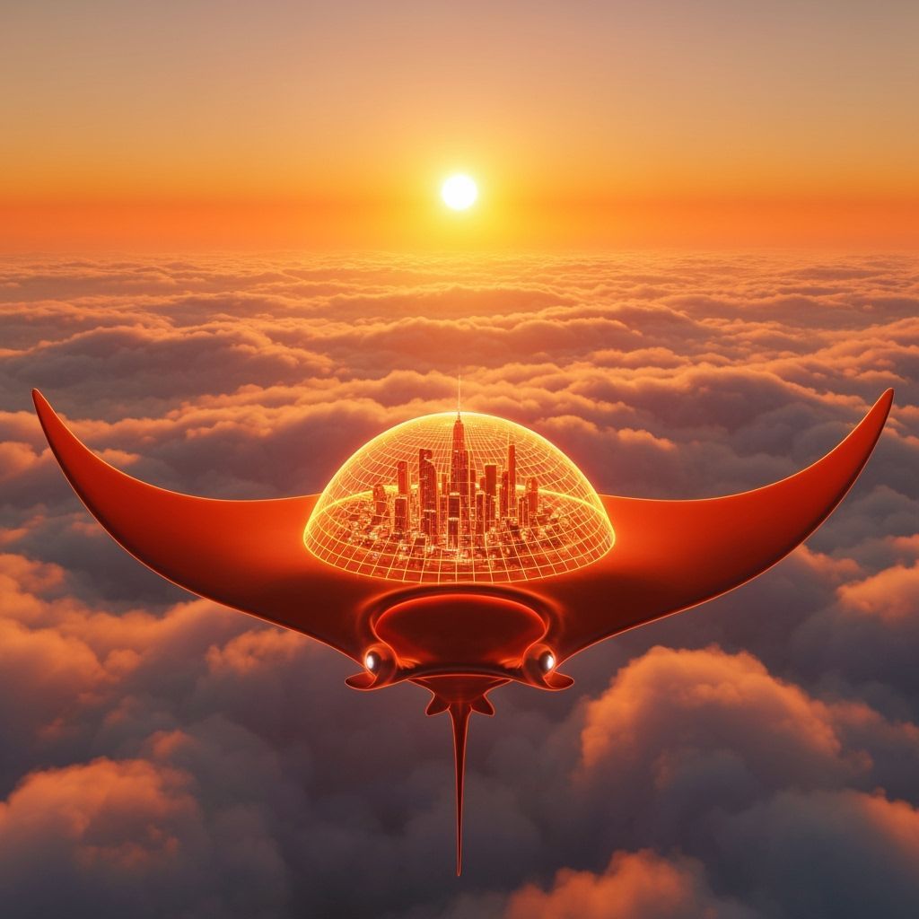 Retro-Futuristic Orange City on Holographic Manta Ray