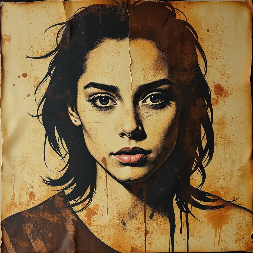 Fragmented Portrait in Grunge Coffee Stain Style
