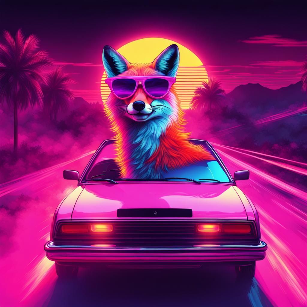 Fox in Sunglasses Rides Car in Vaporwave Style