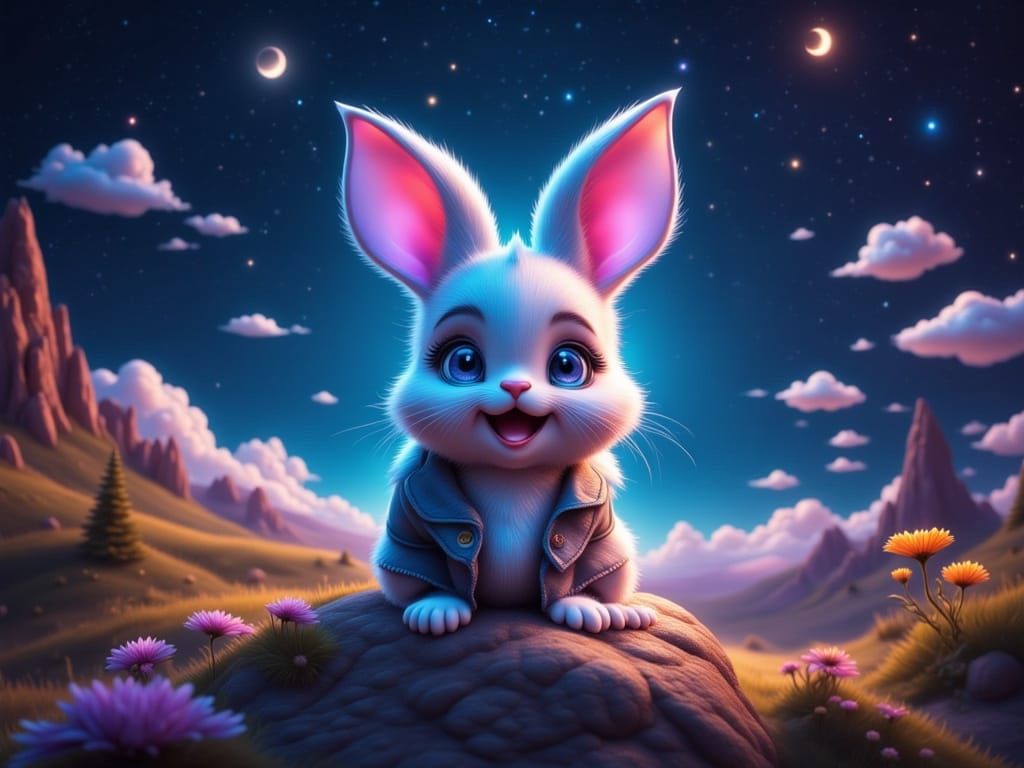 Whimsical Bunny Laughing in the Night Sky