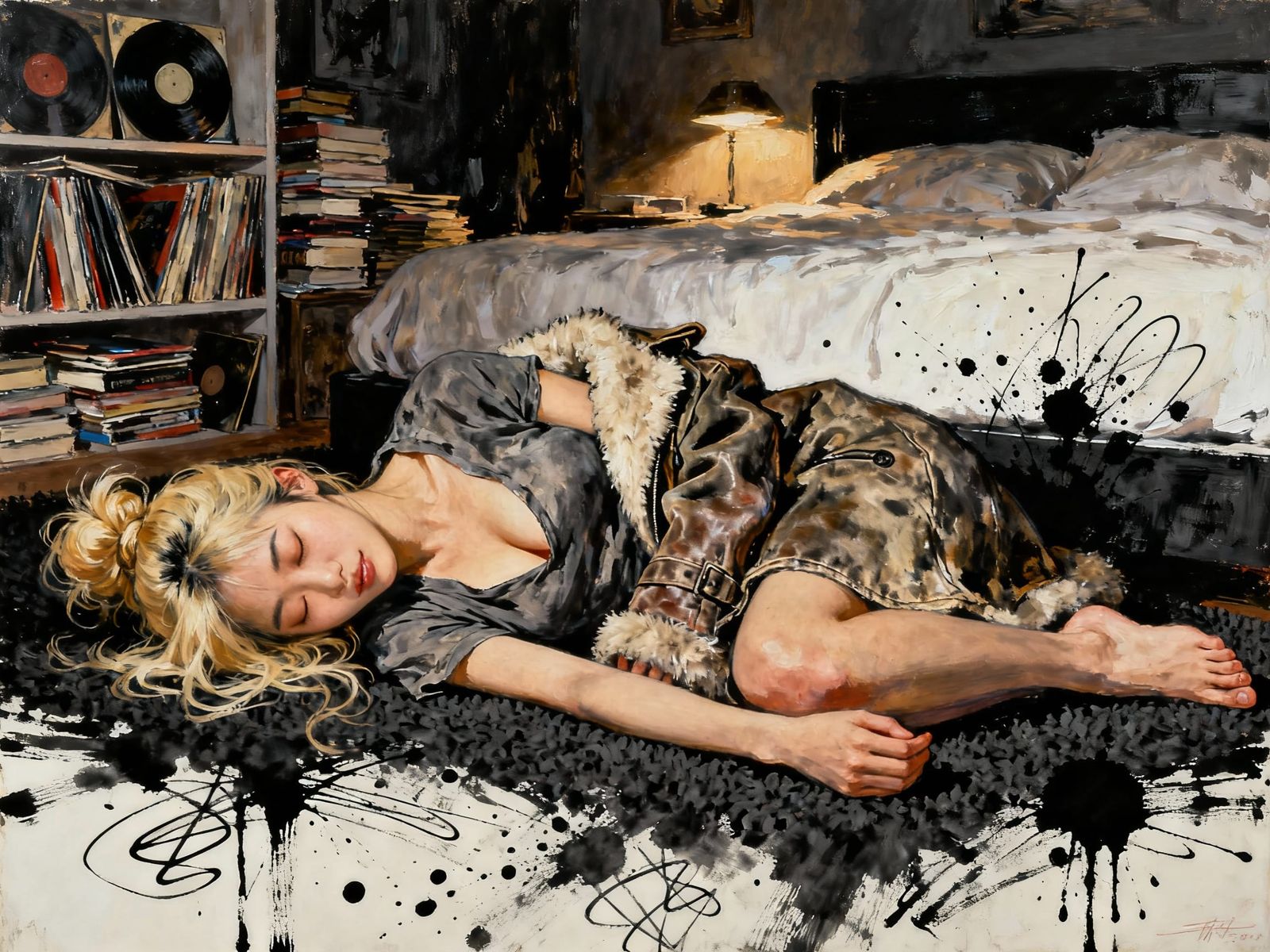 Impressionist Painting of Woman Sleeping on Bedroom Floor