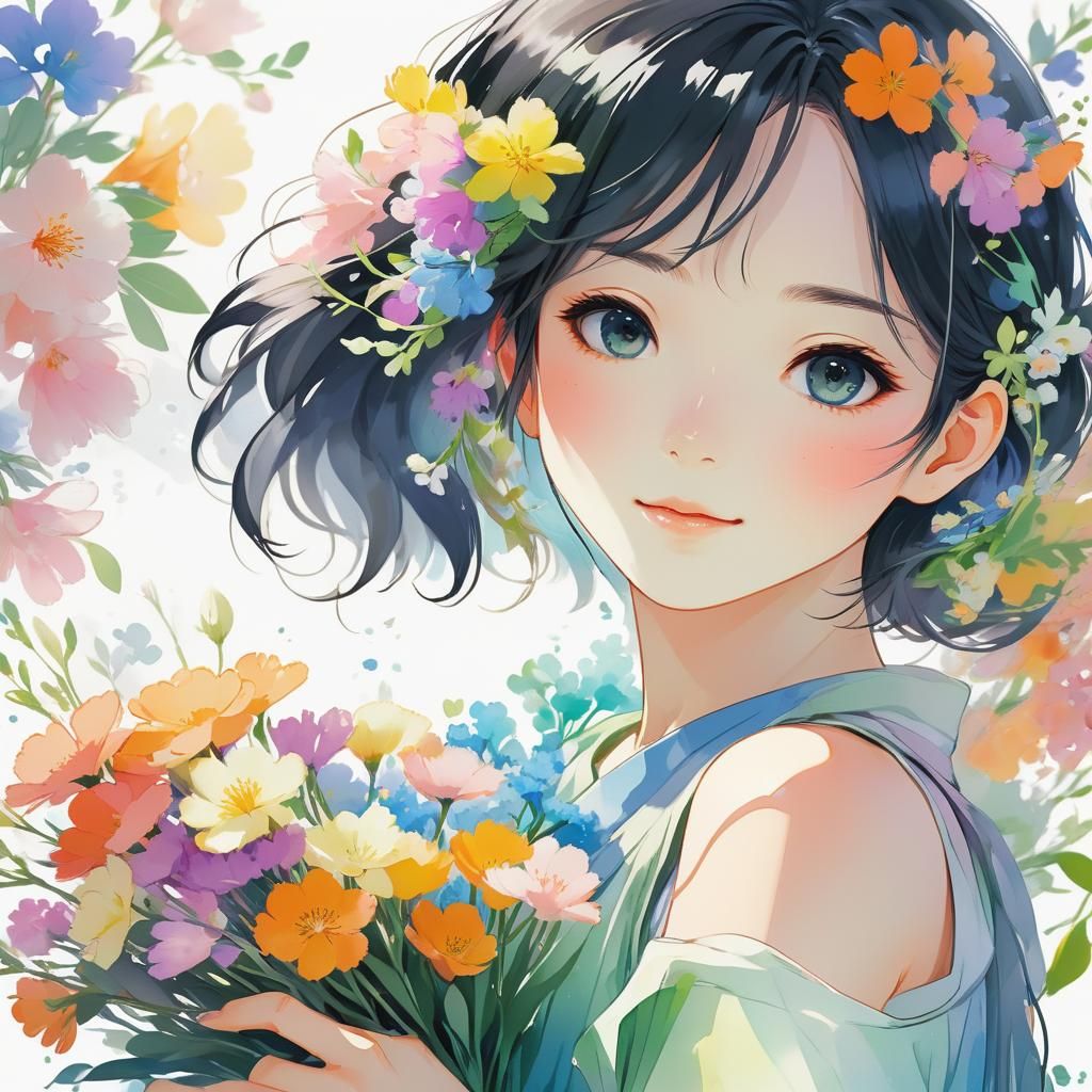 Anime Girl Portrait with Flowers in Watercolor Style