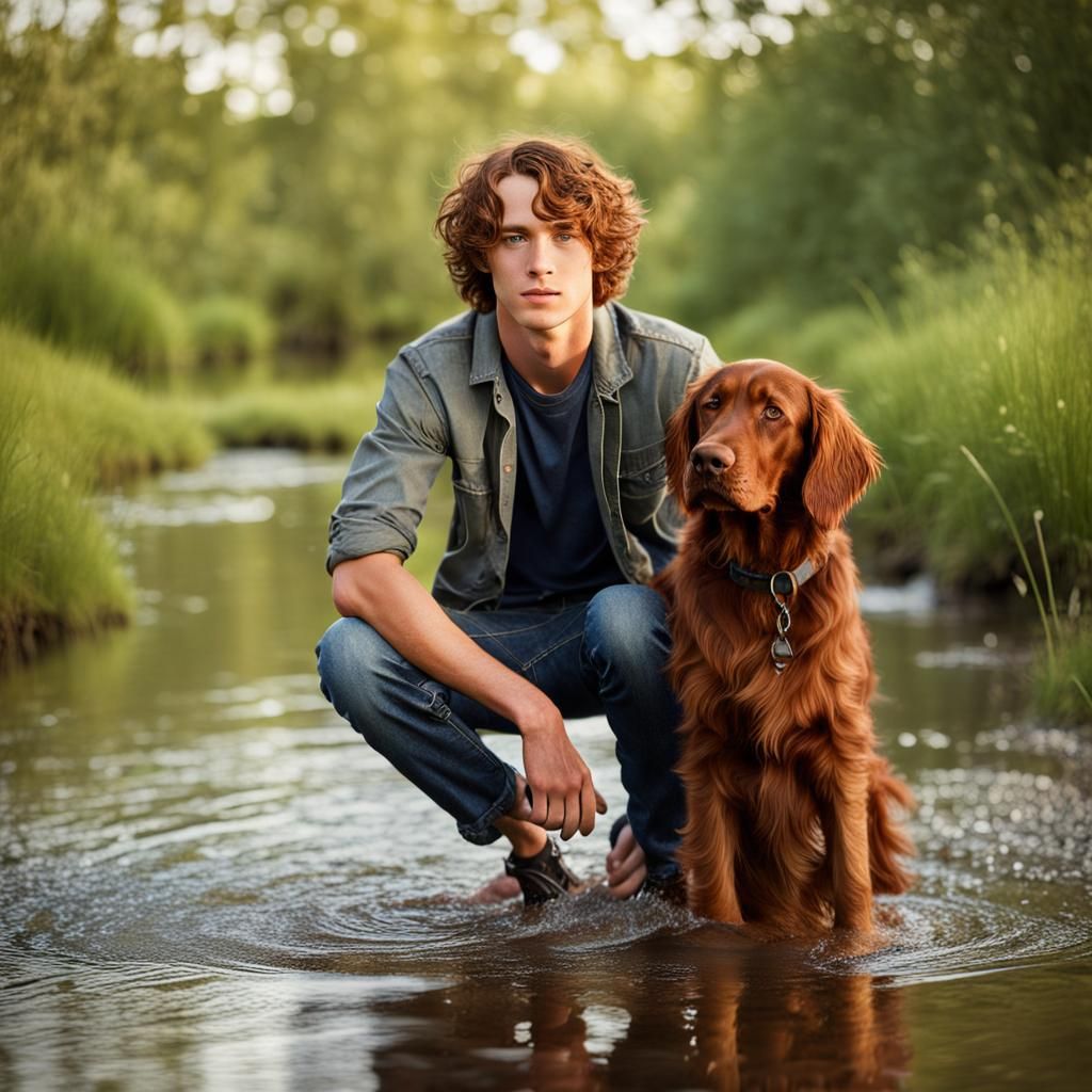Handsome Teen and Dog in Creek Photo