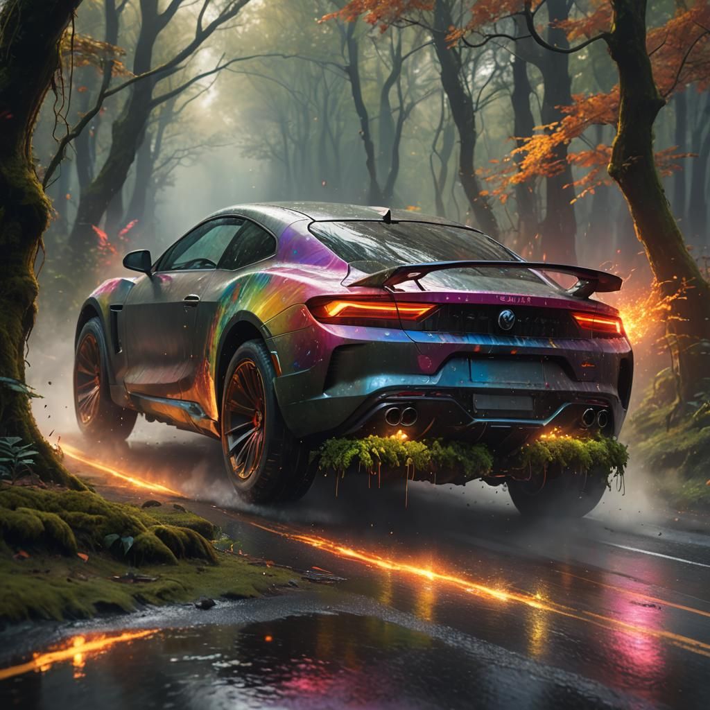 Futuristic Car Speeds Through Enchanted Forest