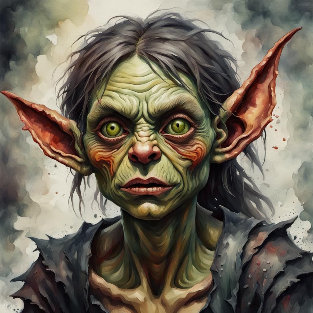 Emo Goblin Watercolor in Grotesque Gothic Style