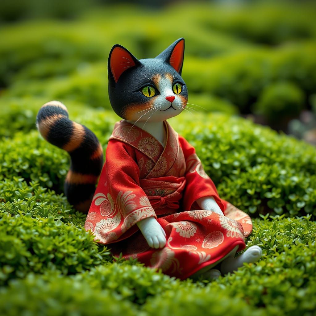 Luminescent Nine-Tailed Cat Doll in Moss Garden