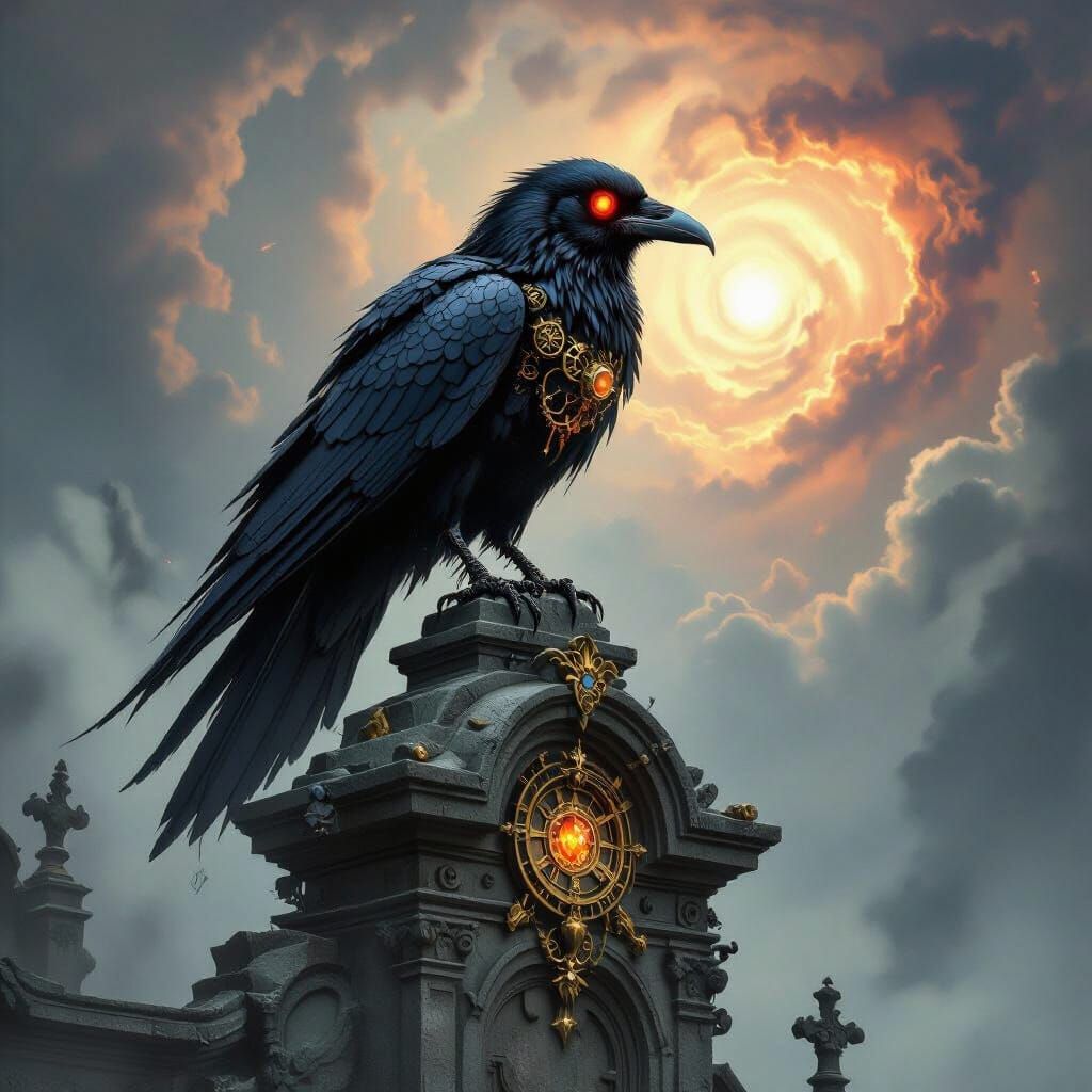 Gothic Clockwork Raven Perched on Mausoleum in Dark Fantasy ...