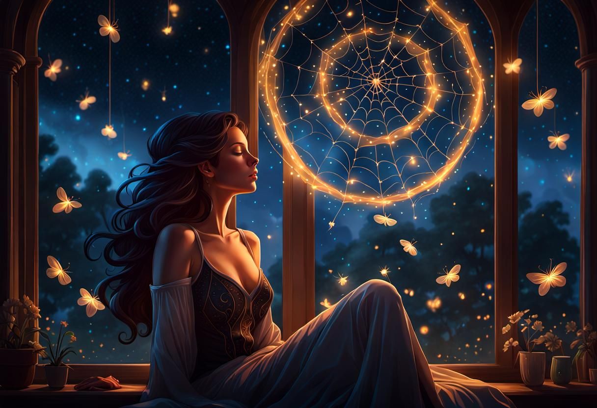 Woman Sleeping with Fireflies: Digital Art