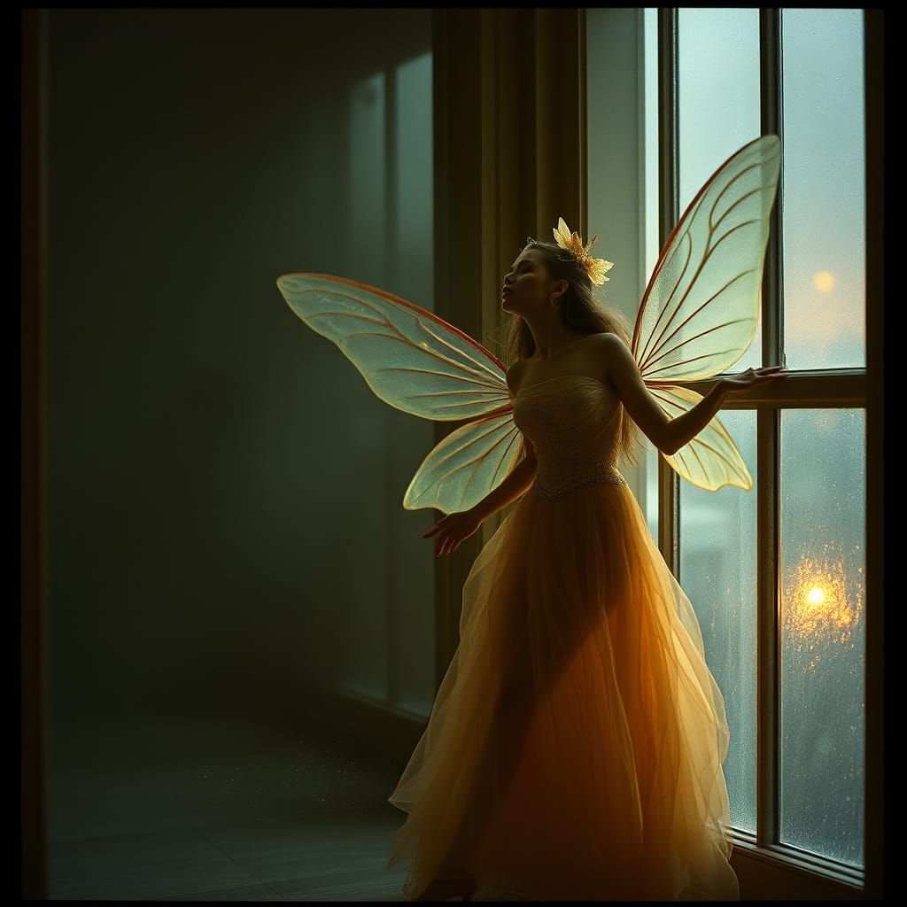 Ethereal Fairy Floating by Misty Window