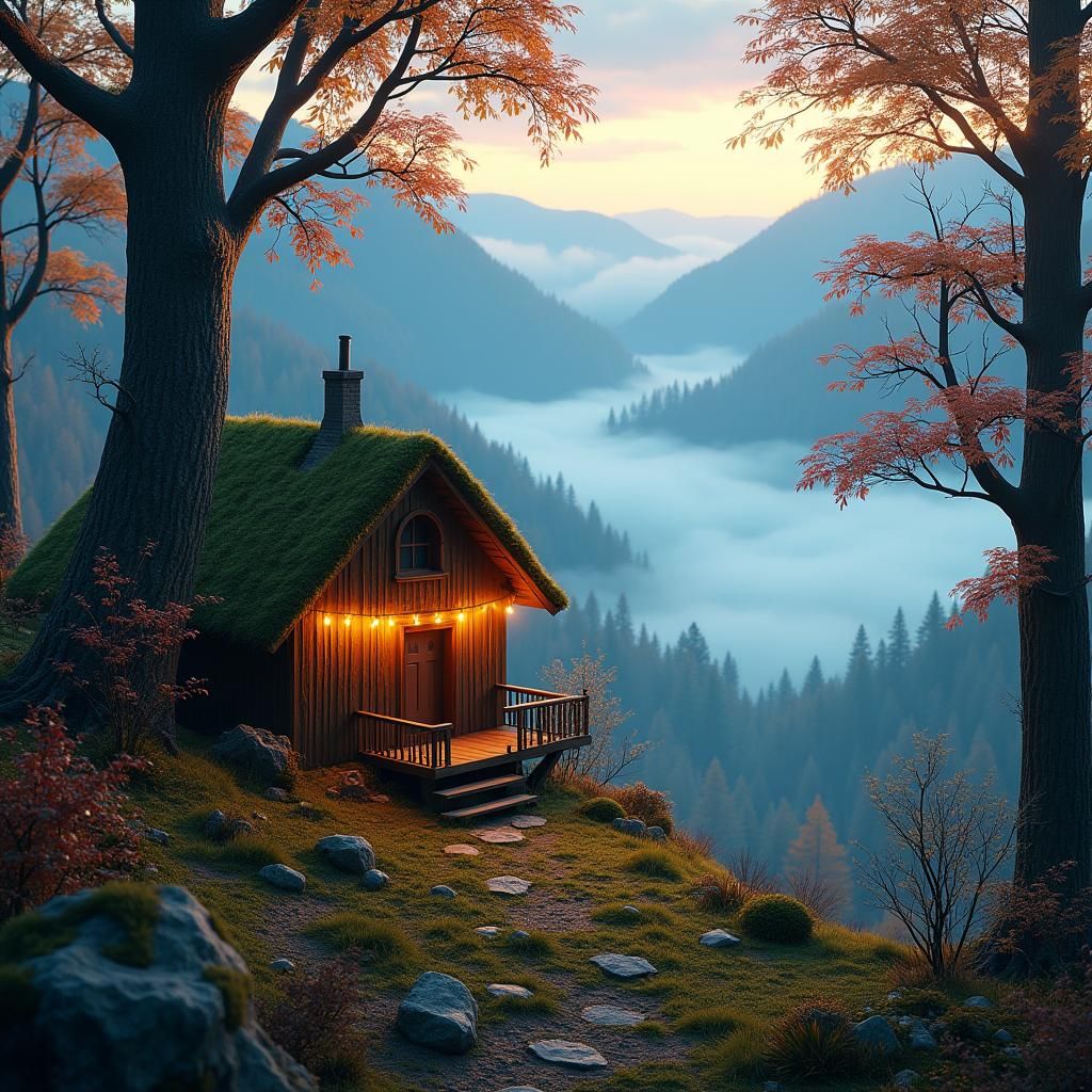 Rustic House in Misty Mountains: Fantasy Concept Art