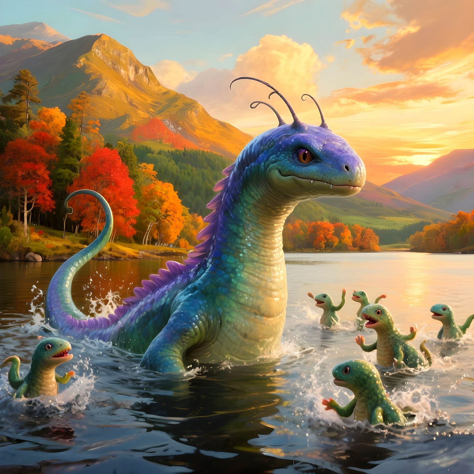 Family of Loch Ness Monsters in Autumn Sunset