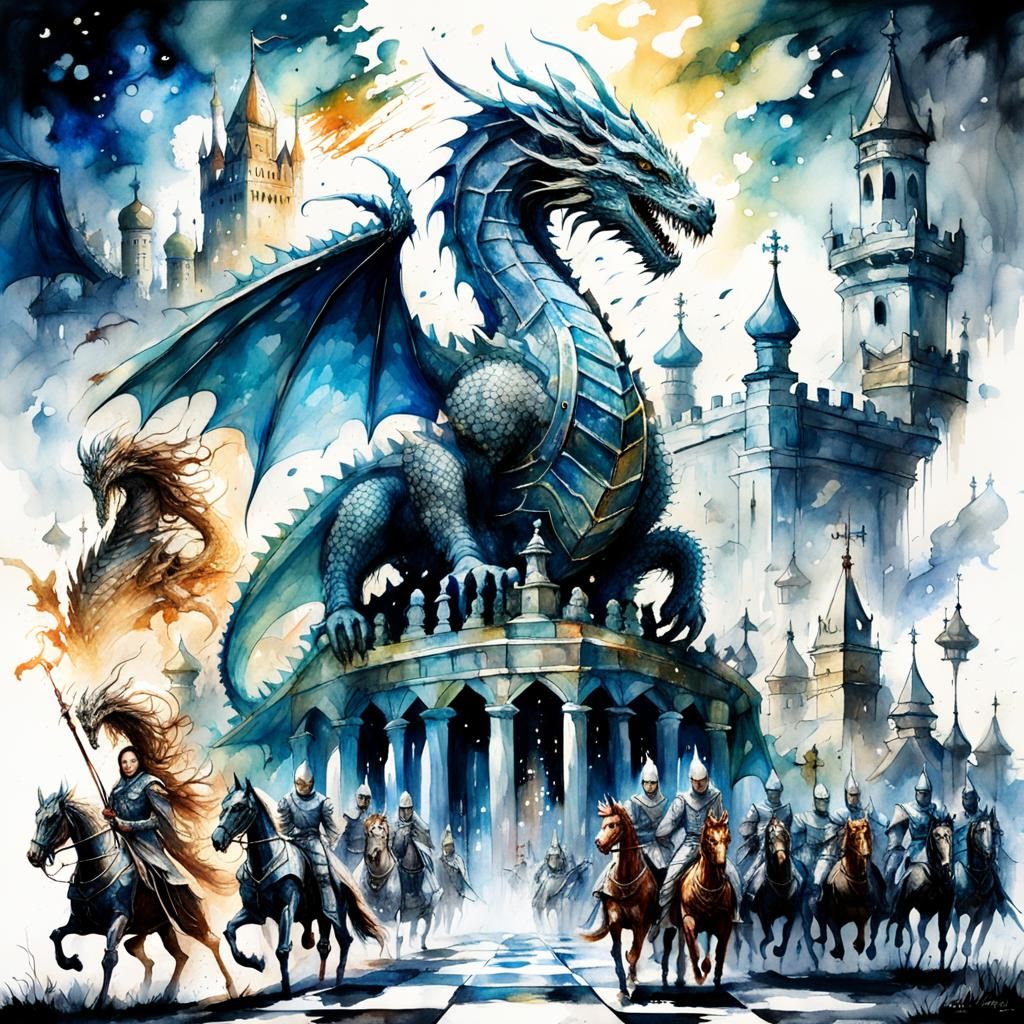 Dragon and Czarina Watch Chess Battle in Watercolor