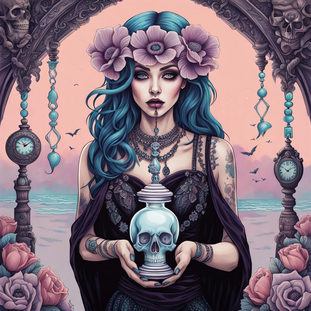 Pastel Goth Woman with Broken Hourglass