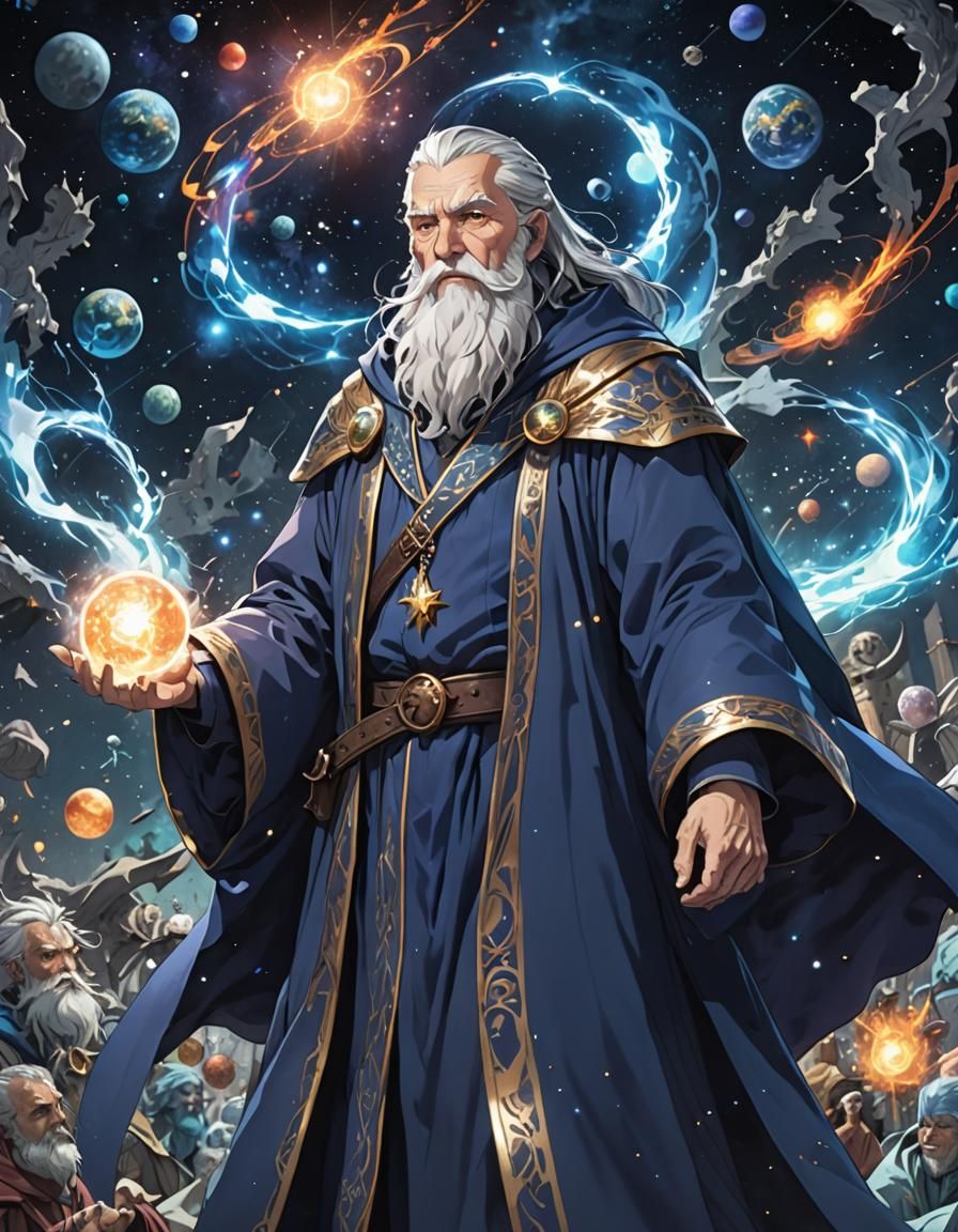 Wizard Amidst Cosmic Chaos: Cel-Shaded Anime Style