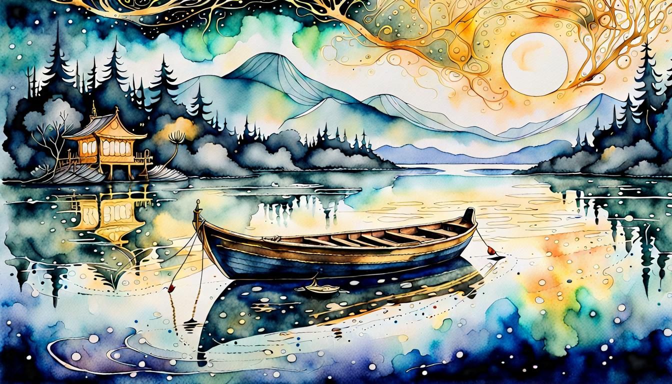 Dreamlike Boat on Mystical Lake in Watercolor Art