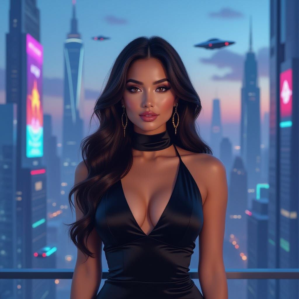 Latina in Futuristic Cityscape: Cinematic Digital Art