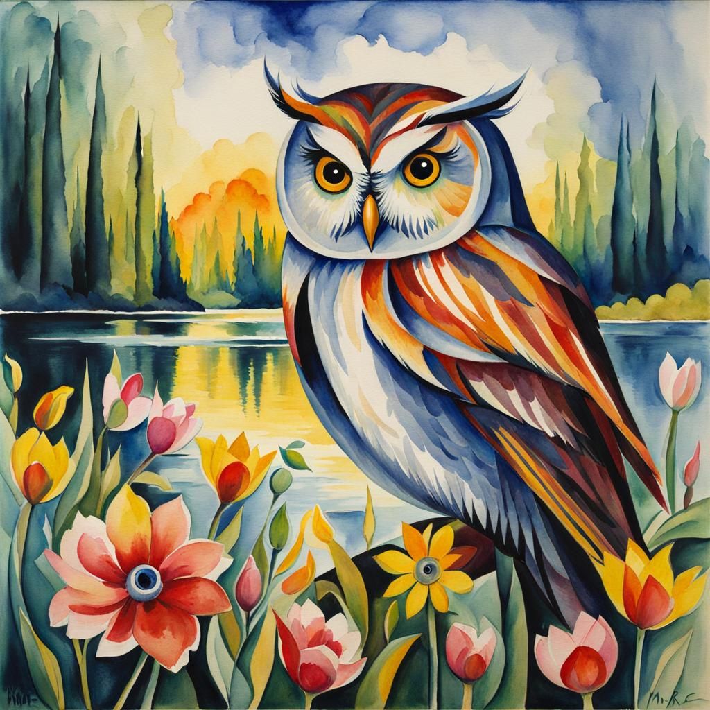 "Detailed Watercolour owl, lake, flowers, surreal, impasto, ...