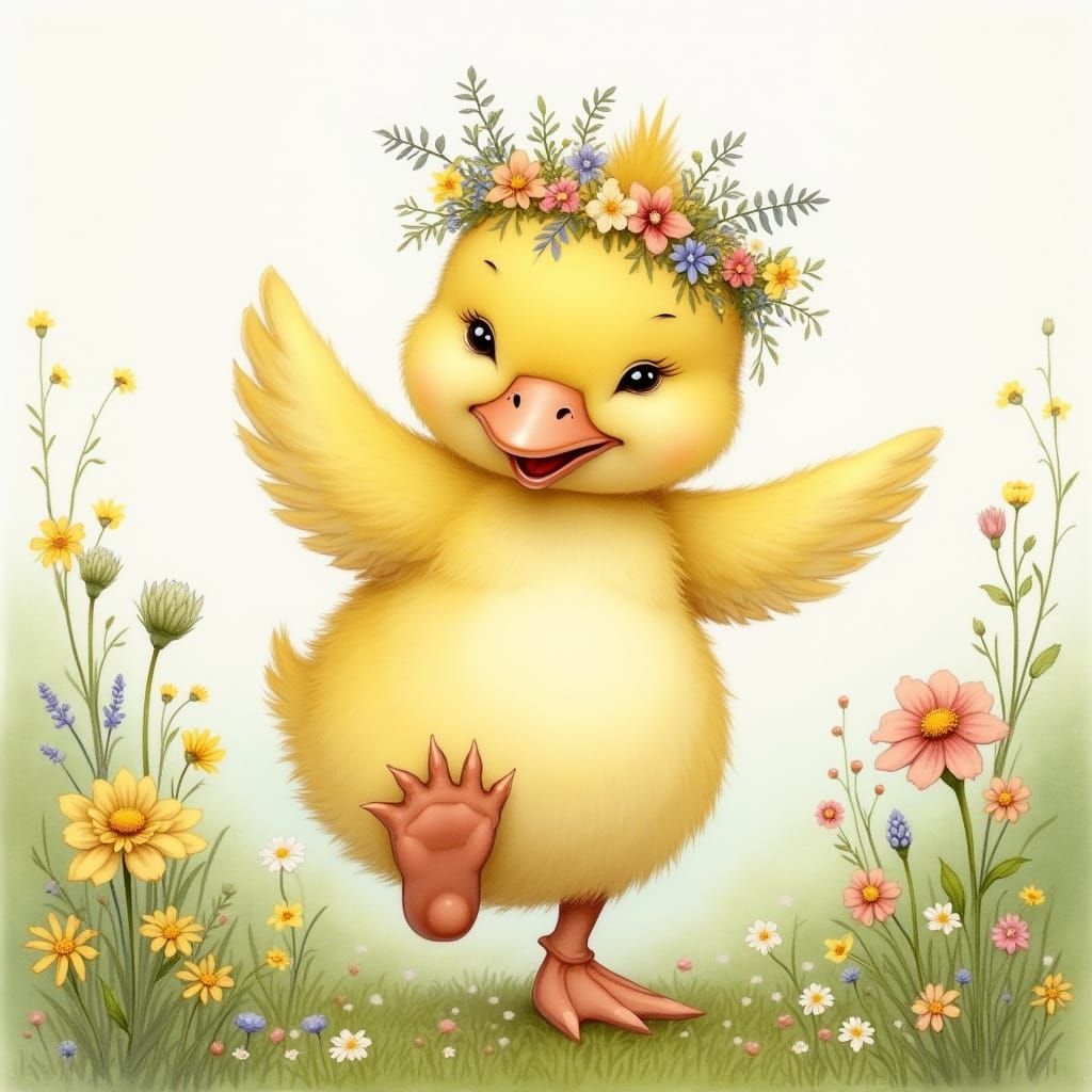 Whimsical Duckling Dancing in Spring Meadow