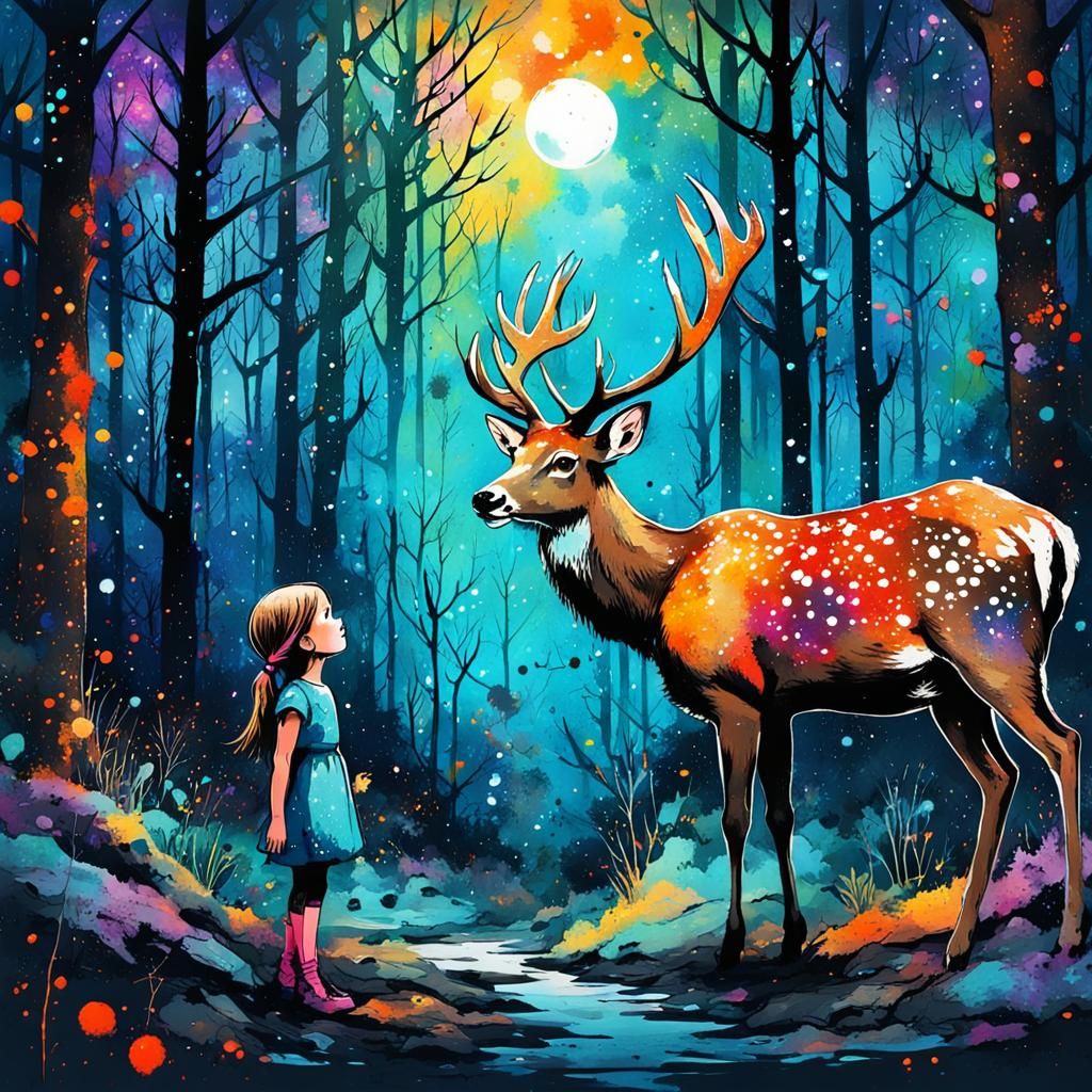 Girl and Deer Converse on Starry Night: Ink Splatter Style