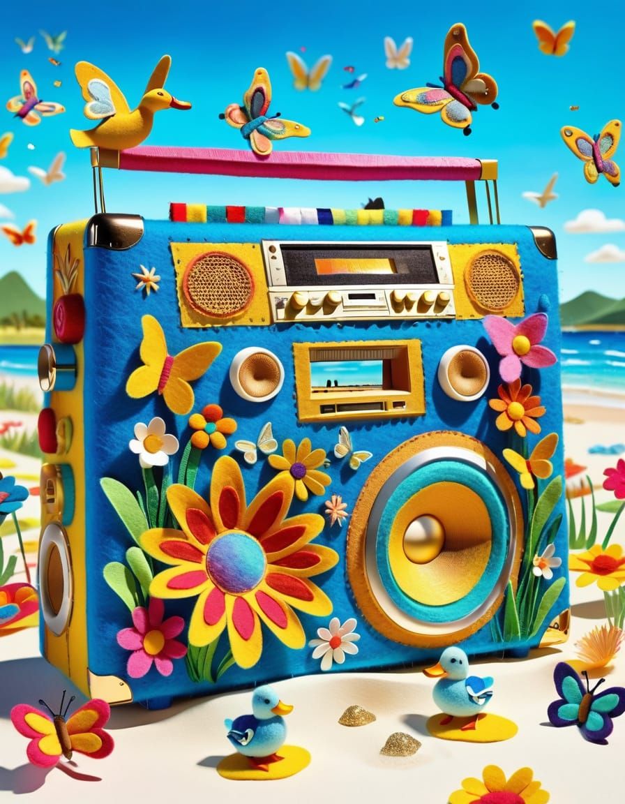 Felt Art Boombox on a Colorful Flower Meadow Beach