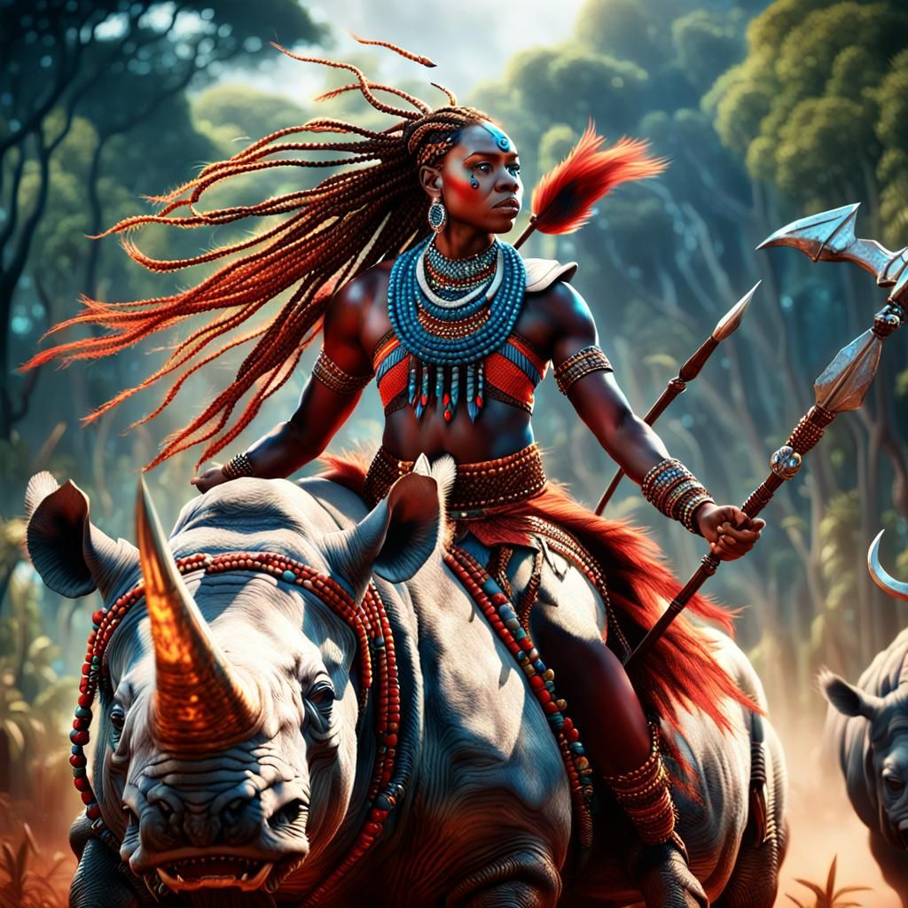 African Warrior Woman Rides Rhino in Afrofuturist Style