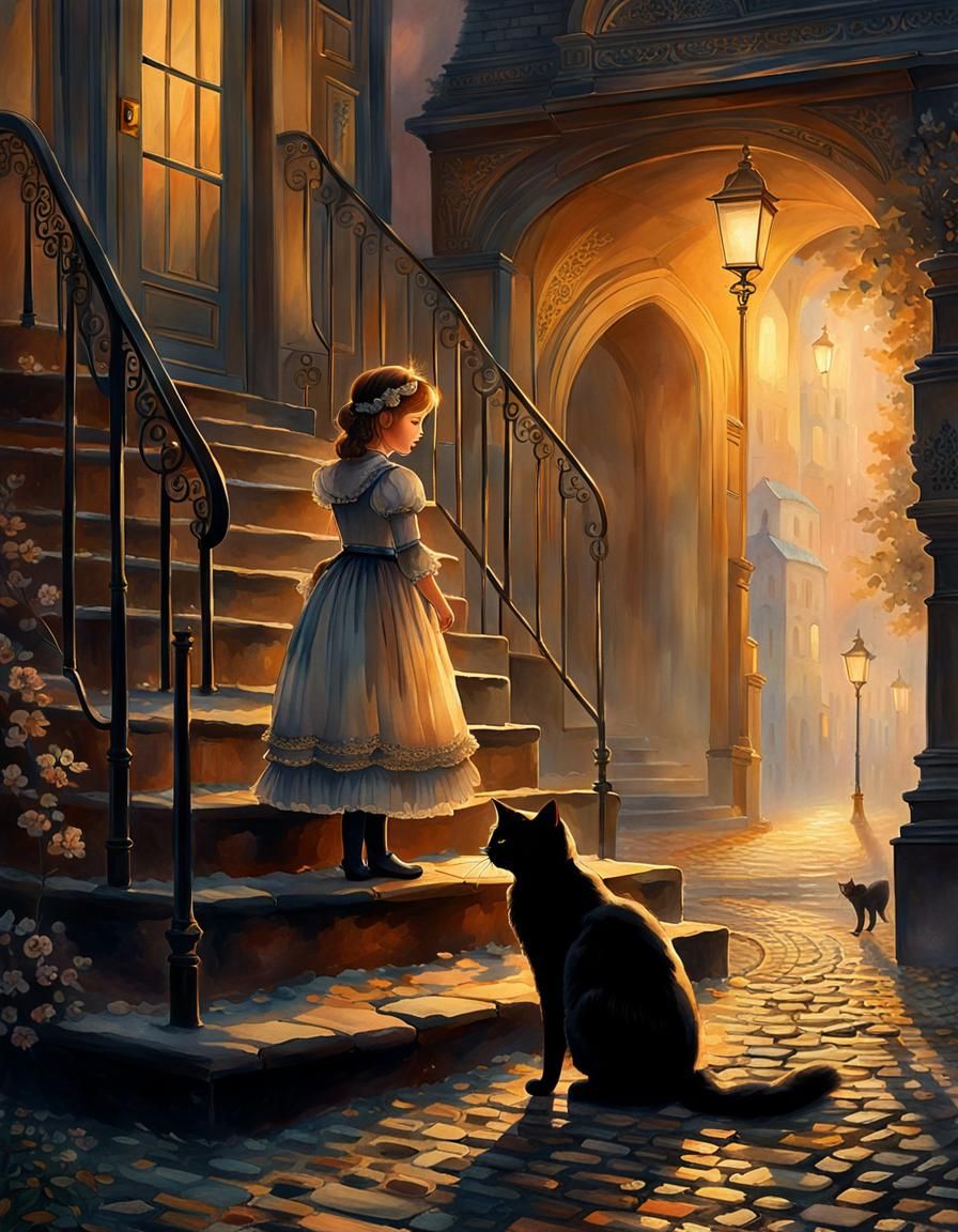 Victorian Girl and Black Cat Watercolor Painting