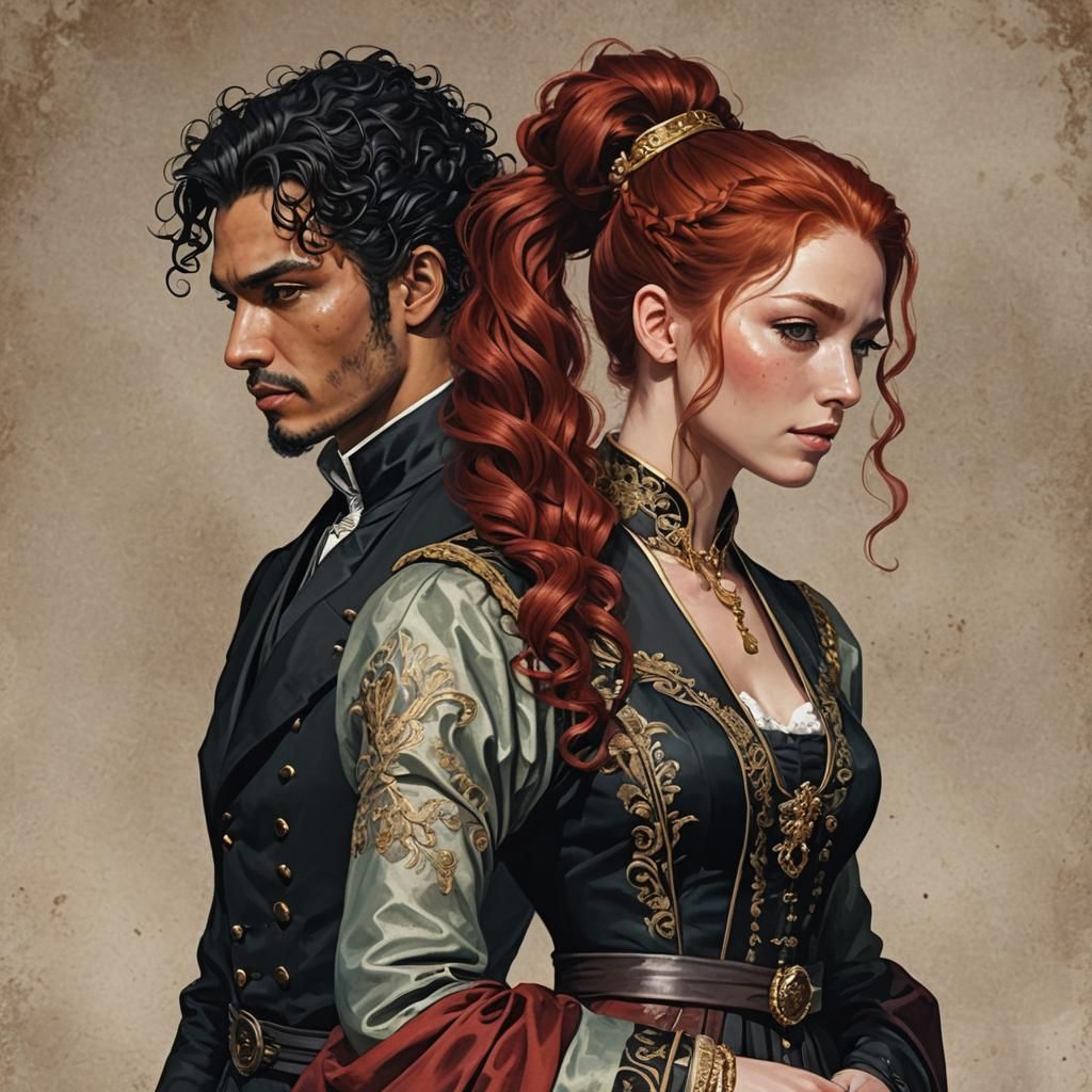 Realistic Artwork: Woman with Red Hair and Regal Man