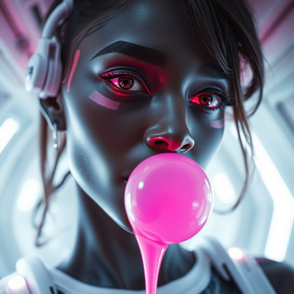Cyberpunk Cyborg Woman Blowing Neon Bubblegum
