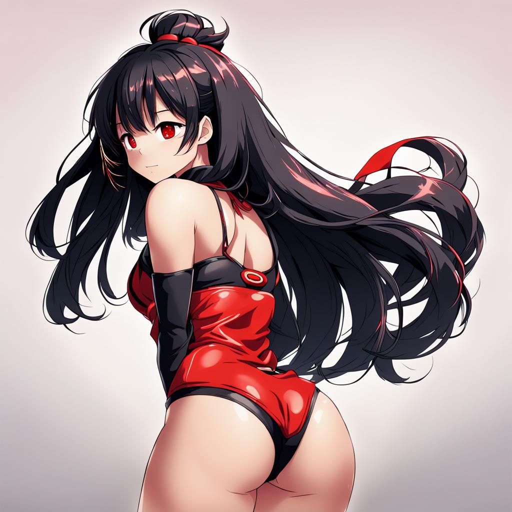 Curvy Dark-Haired Woman in Red Thong, Anime Style