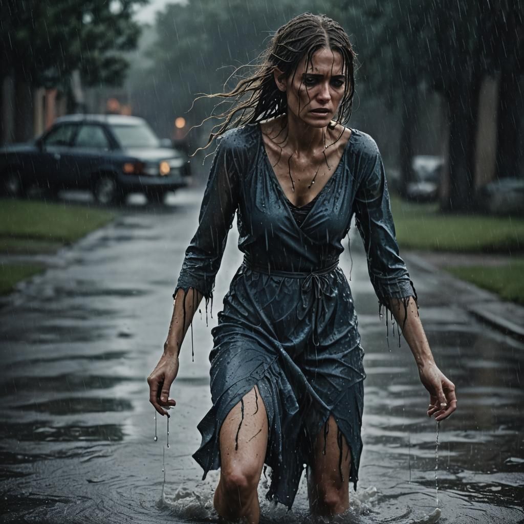 Distraught Woman Searches in Rain: Dark Fantasy Art