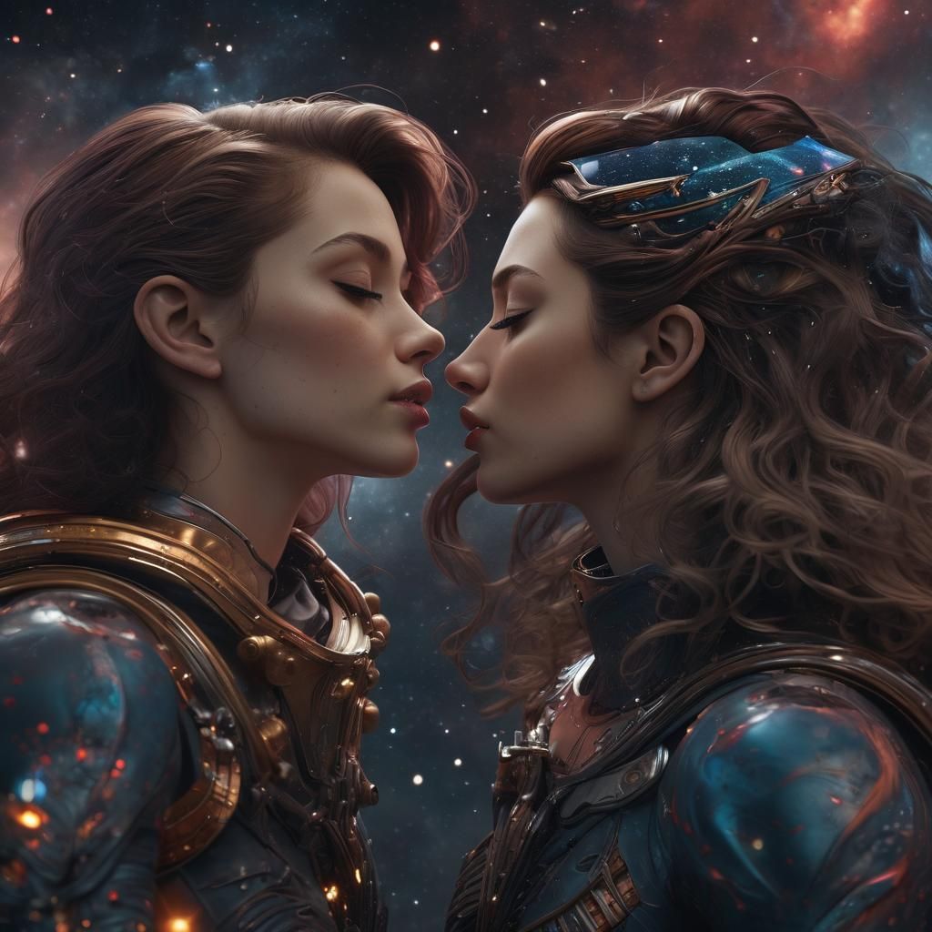 Two Beautiful Women Kissing in Outer Space