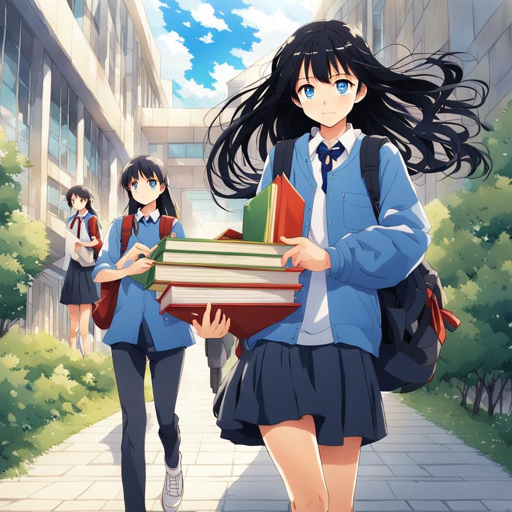 Anime Girl Leaving School with Books