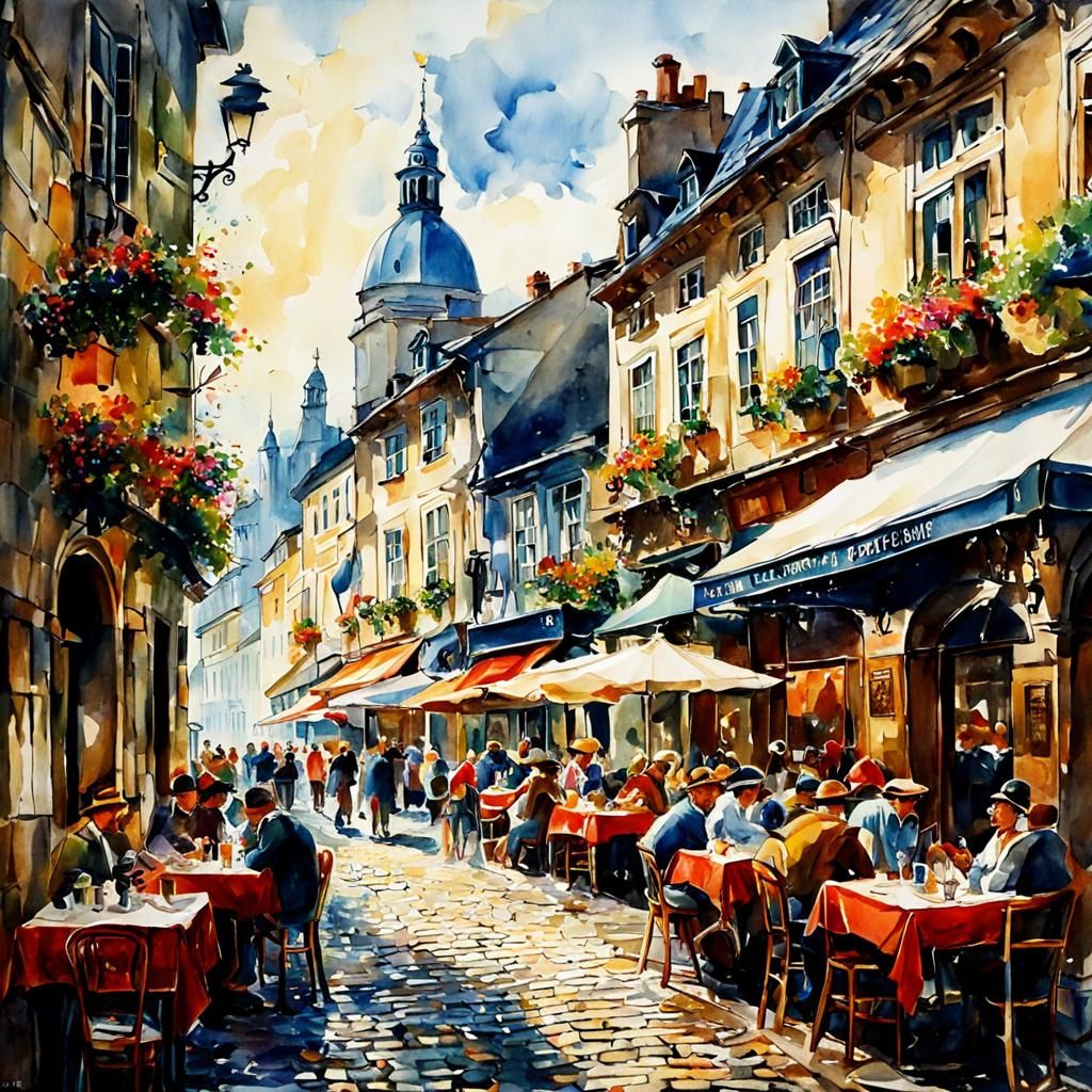 Watercolor Cafe Scene in European City