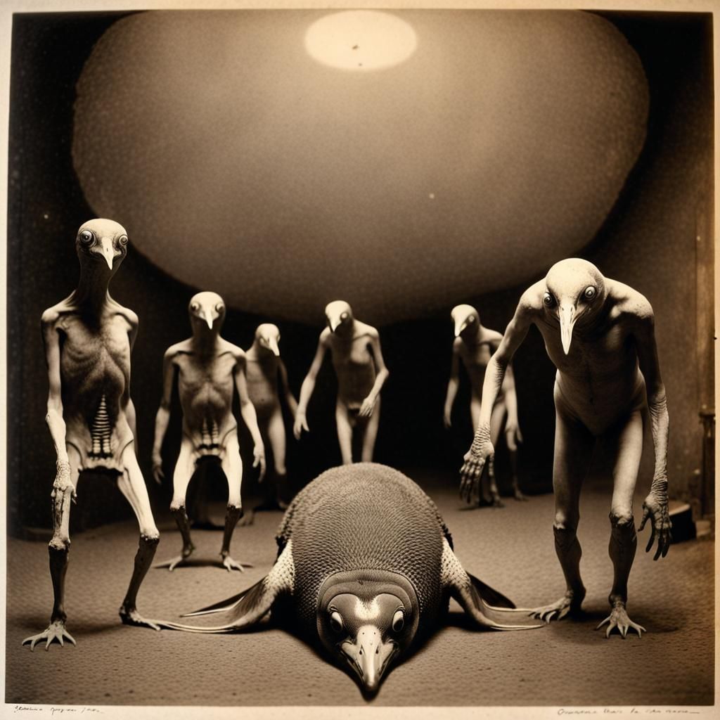 Nightmarish Creatures and Confused Penguin in Sepia