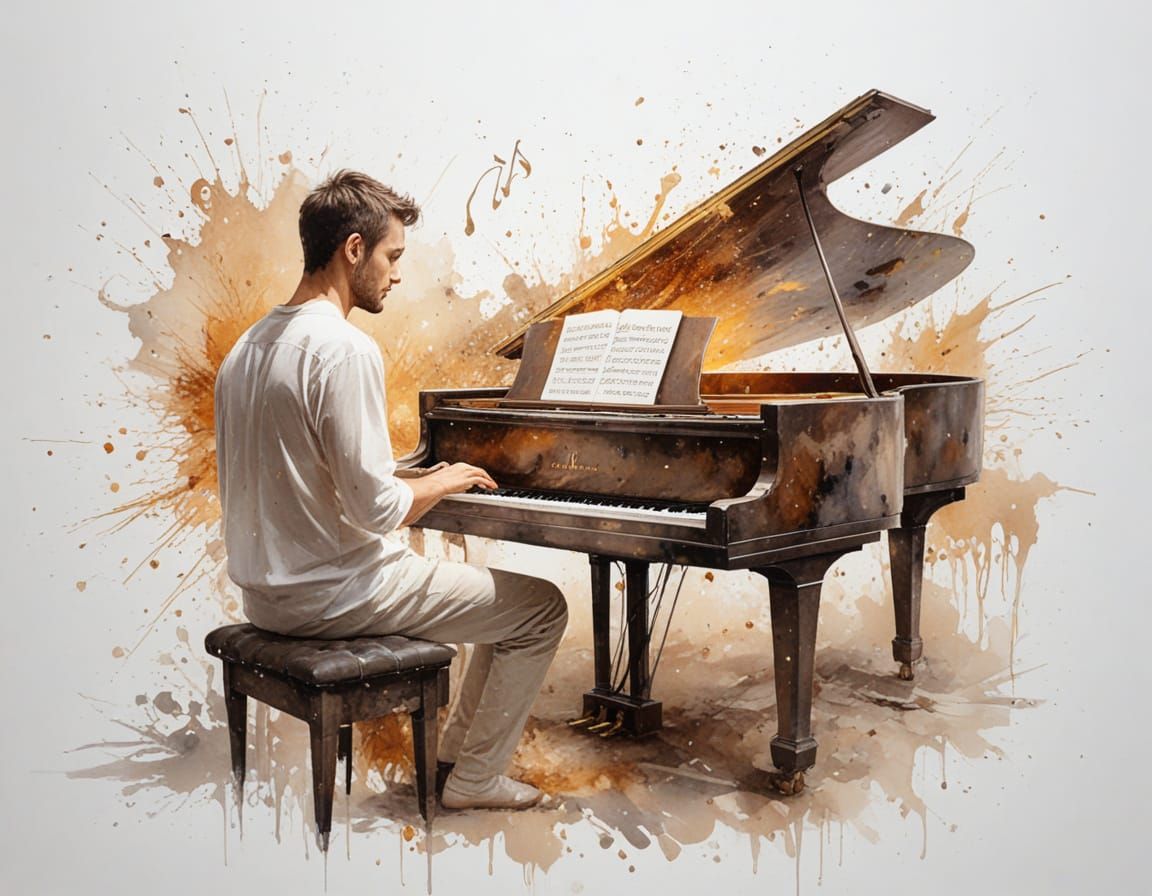 Man Plays Piano Under Starry Sky, Magical Notes Ascend