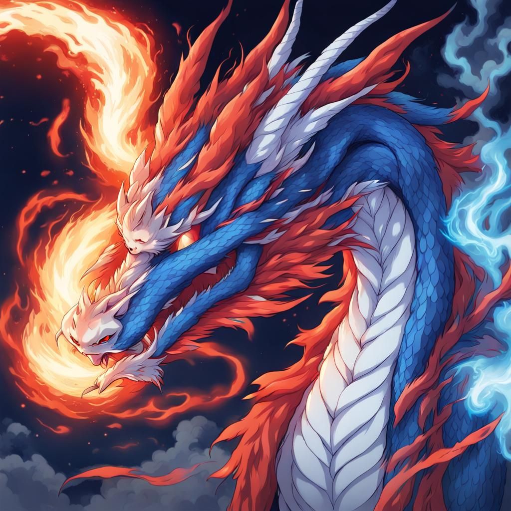 A Dragon Kitsune Hybrid breathing Blue Flames and Red Lightn...