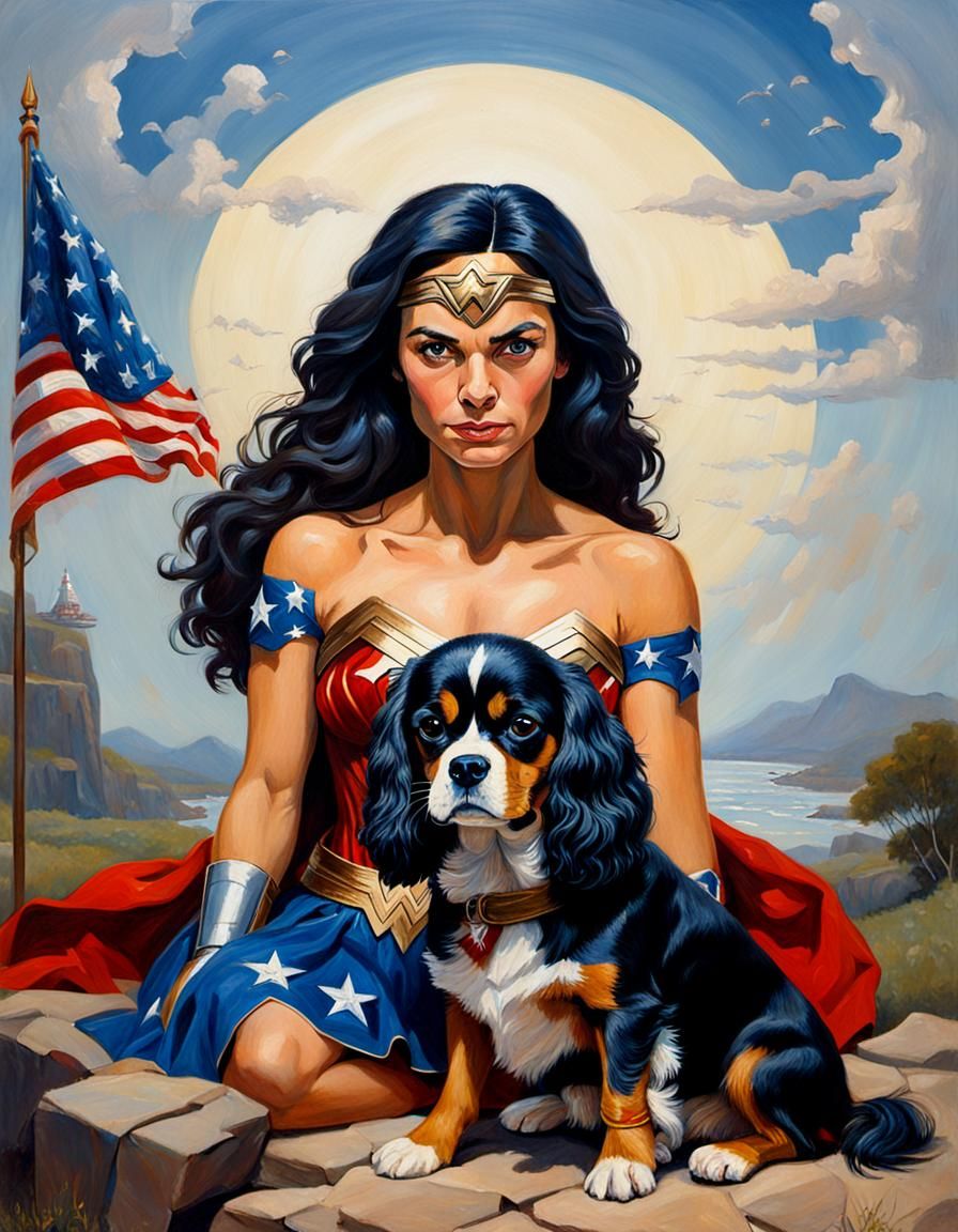 Wonder Woman and Patriotic Spaniel: Oil Painting
