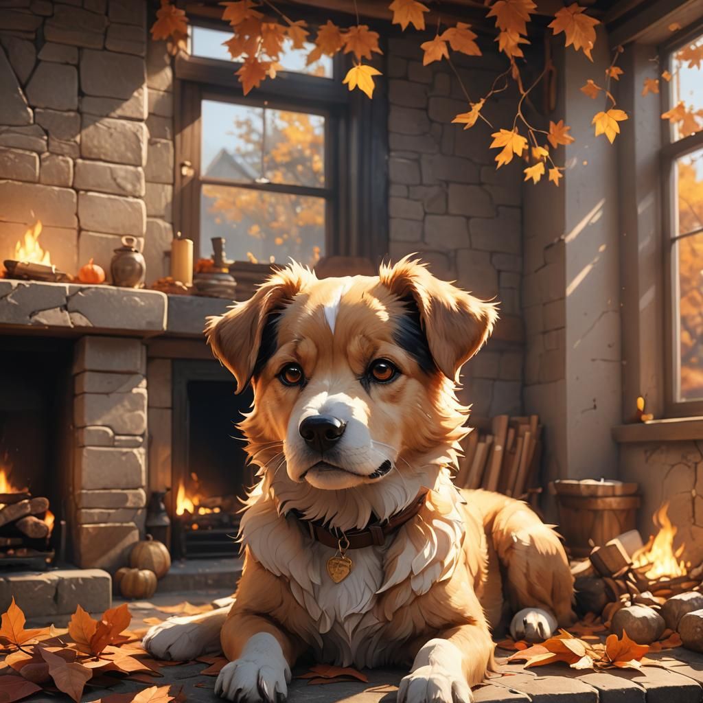 Cozy Autumn Day: 3D Anime Dog Portrait