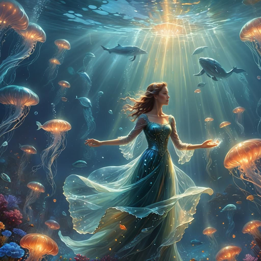 Underwater view of a woman with a  fantastical glowing trans...