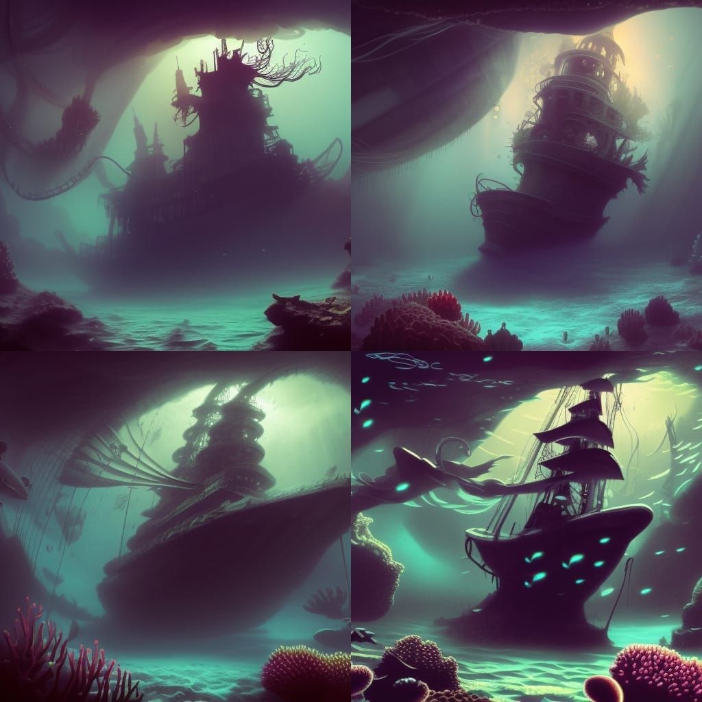 Underwater Shipwreck with Sea Witch in Fantasy Art