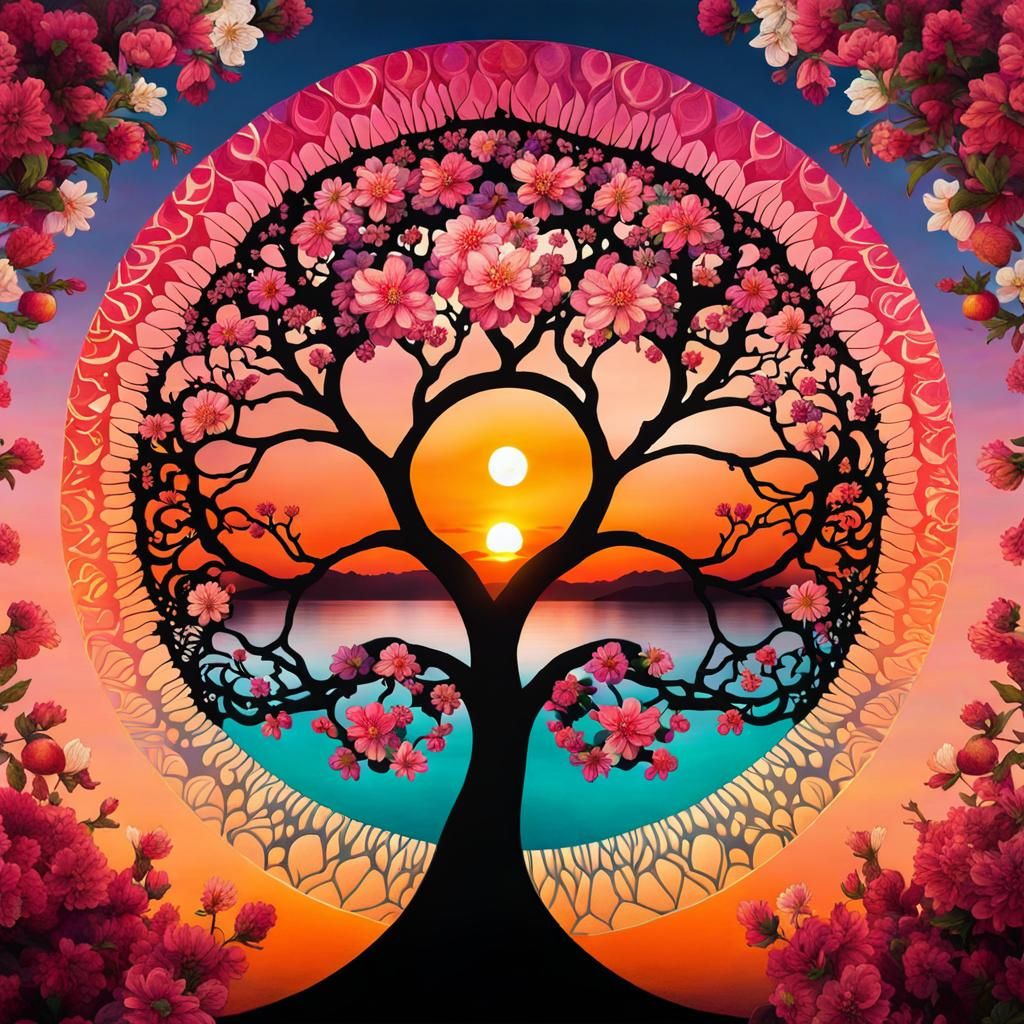 Blossoming Apple Tree at Sunset in Digital Art