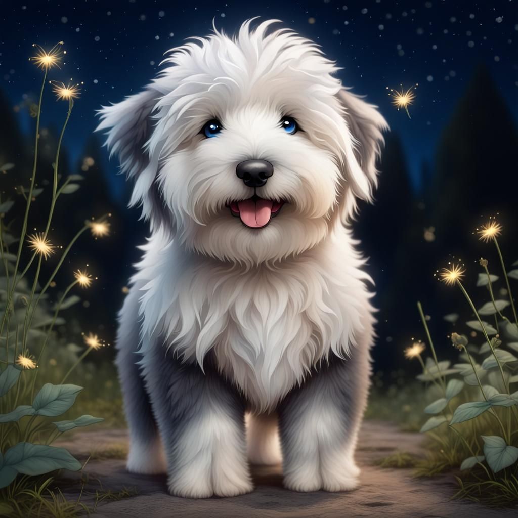 Chibi Sheepdog Frolics Under Starry Sky