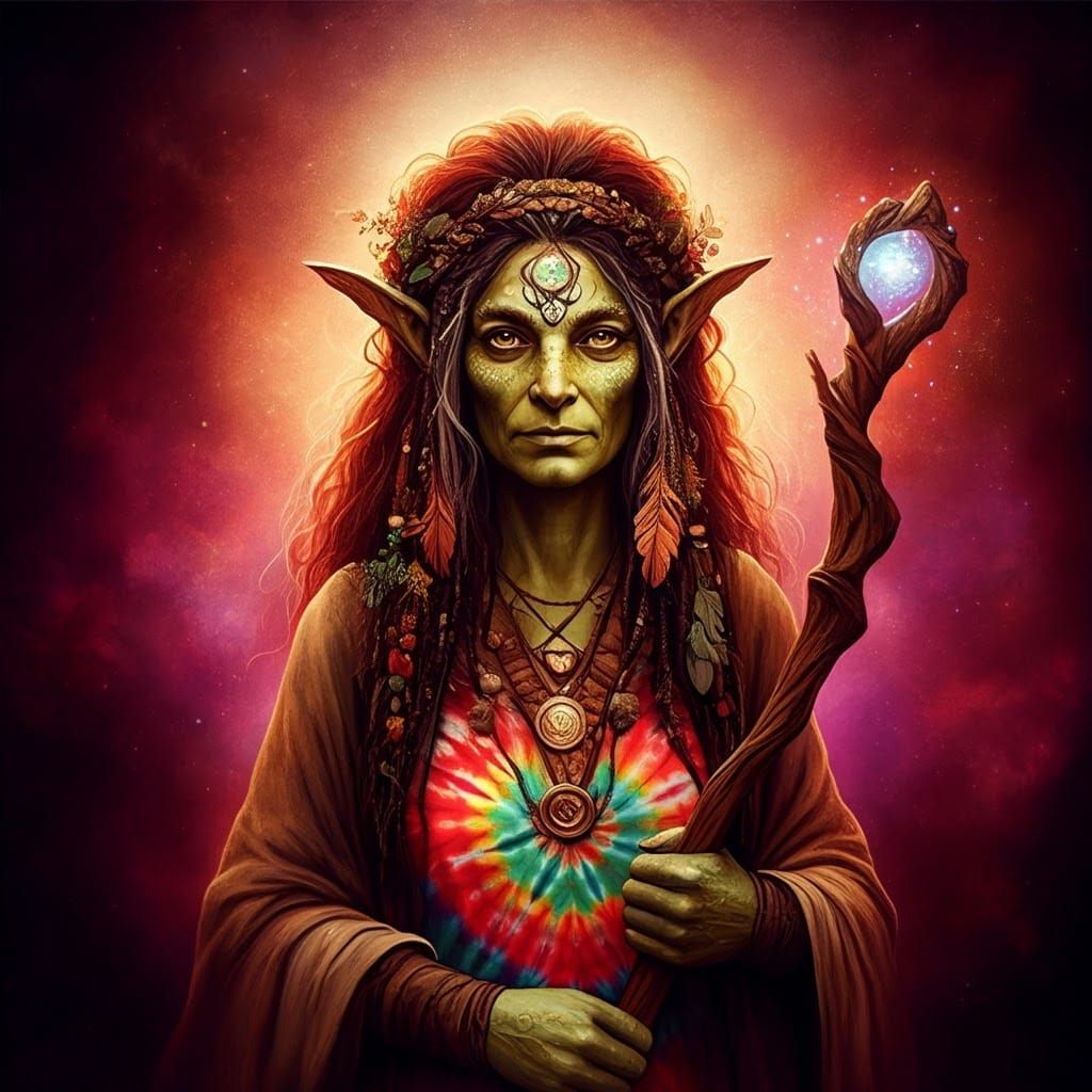 Tortle Druid Hippie with Magical Staff in Alcohol Ink Style