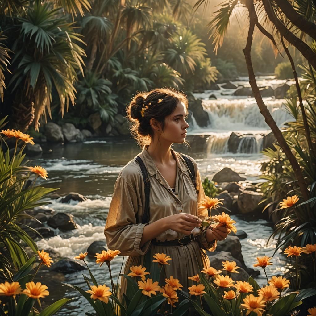 Young Woman in Fishing Net at Oasis Sunset